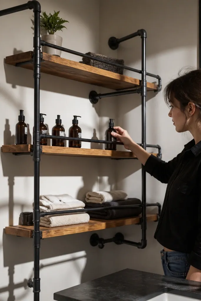 Black pipe corner shelves with wood planks and industrial brackets.