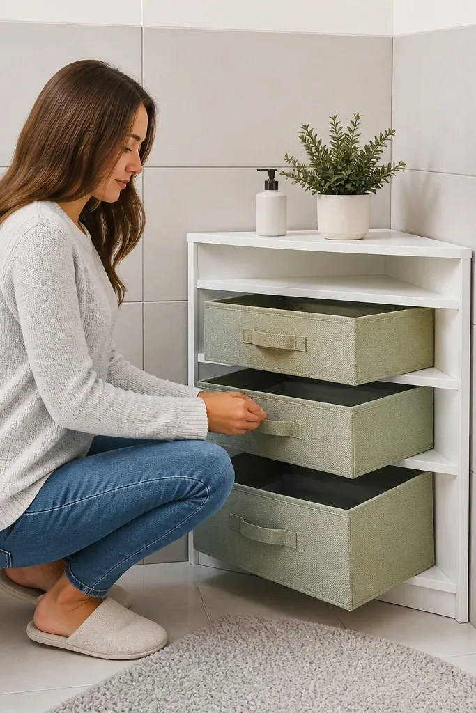 Corner shelf unit with open shelves and removable fabric drawer boxes for toiletries.