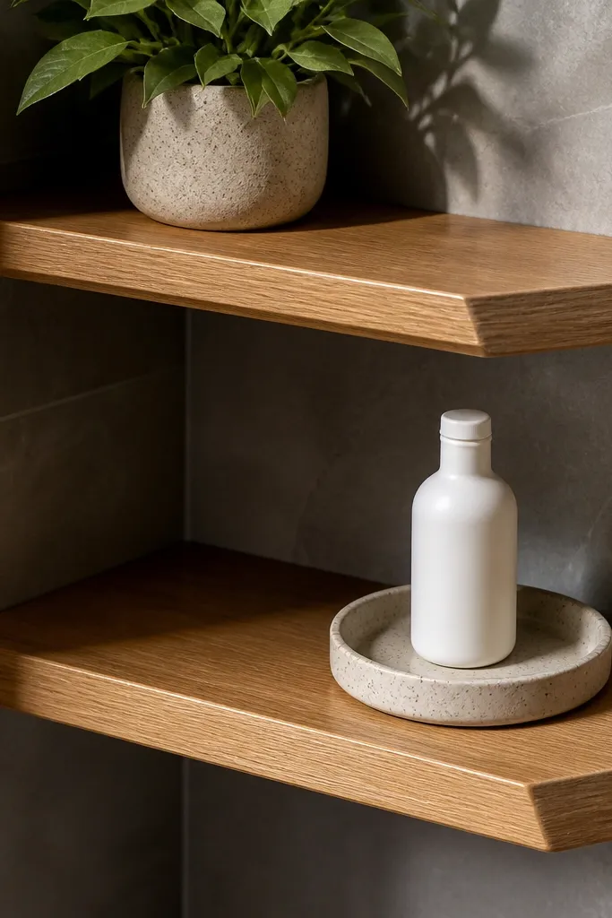 Floating corner shelves with beveled fronts and a warm wood finish.