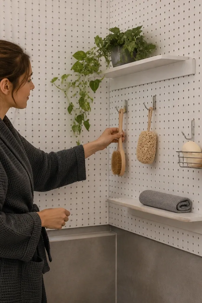 Pegboard corner with two small shelves and neat hooks for bathroom tools.