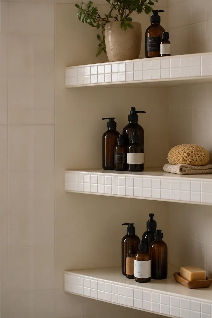 Two-tone corner shelves with a tile strip on the shelf front edge.