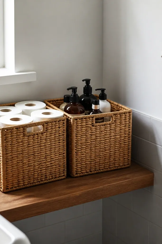 Corner shelves with baskets that slide in and out for a tidy bathroom look.
