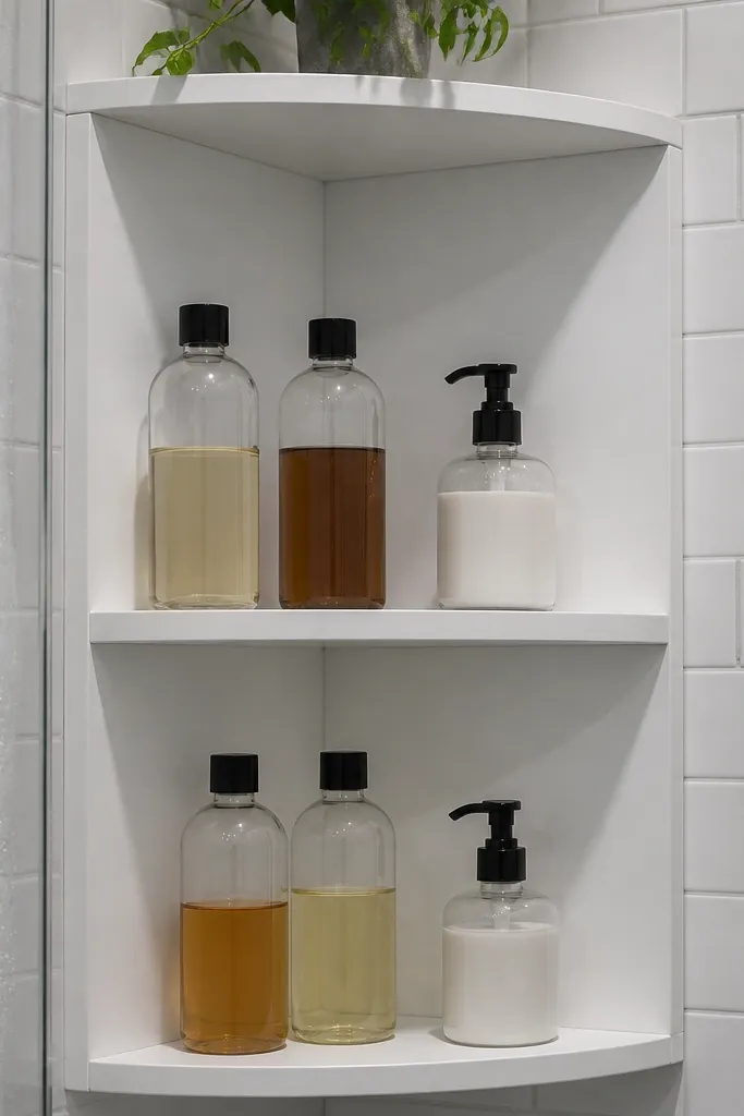 Sleek white corner shelves made from waterproof board with clean edges.