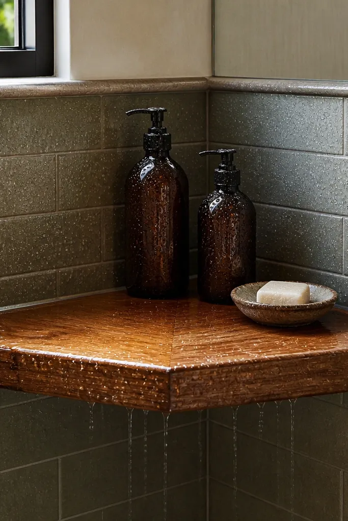 Corner shelf with tile back splash that stops water dripping onto the wall.