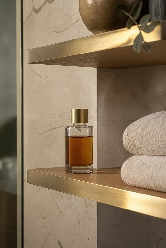 Floating corner shelves with warm brass trim and a clean neutral finish.