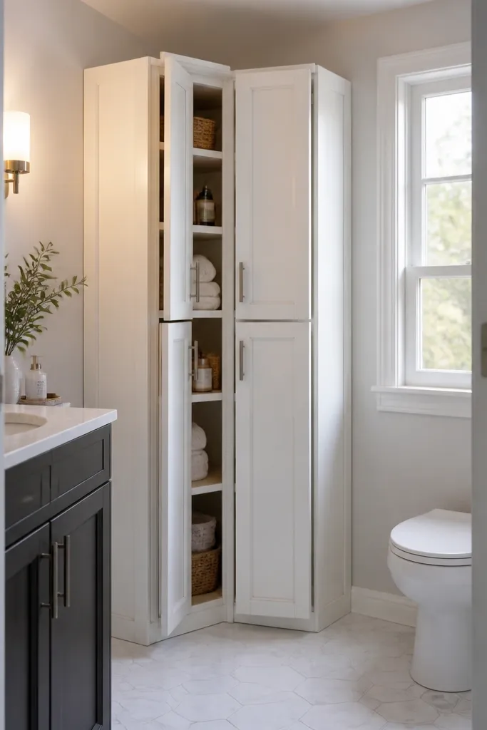 Corner shelf unit with slim hinged doors and a clean cabinet look.