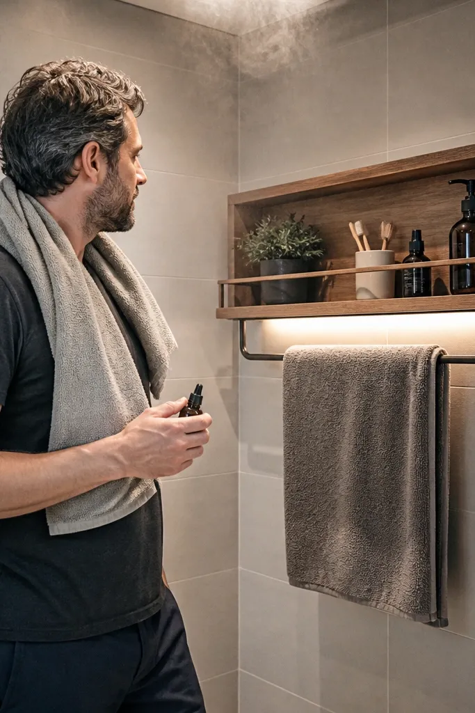 Corner shelf unit with a rail and a hanging towel bar above the shelves.