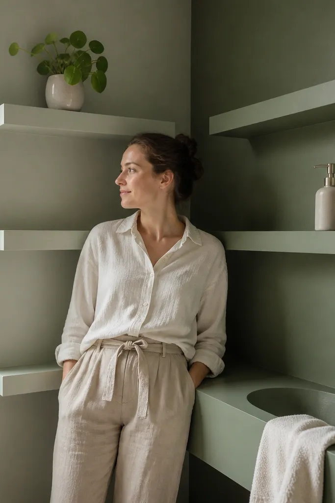 Corner shelves painted in matching color blocks with crisp lines and staggered heights.