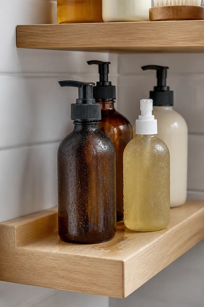 Corner shelf with a removable tray below for water drips and small items.