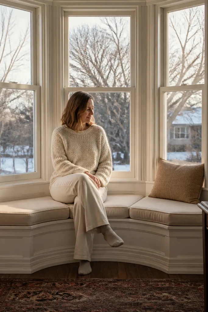 Light painted bay window bench with three removable cushion panels in a neutral fabric
