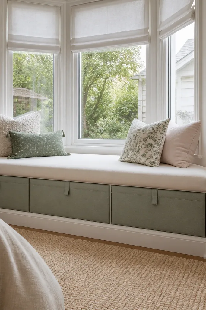 Bay window seat with hidden storage and fabric-front drawer panels in muted linen