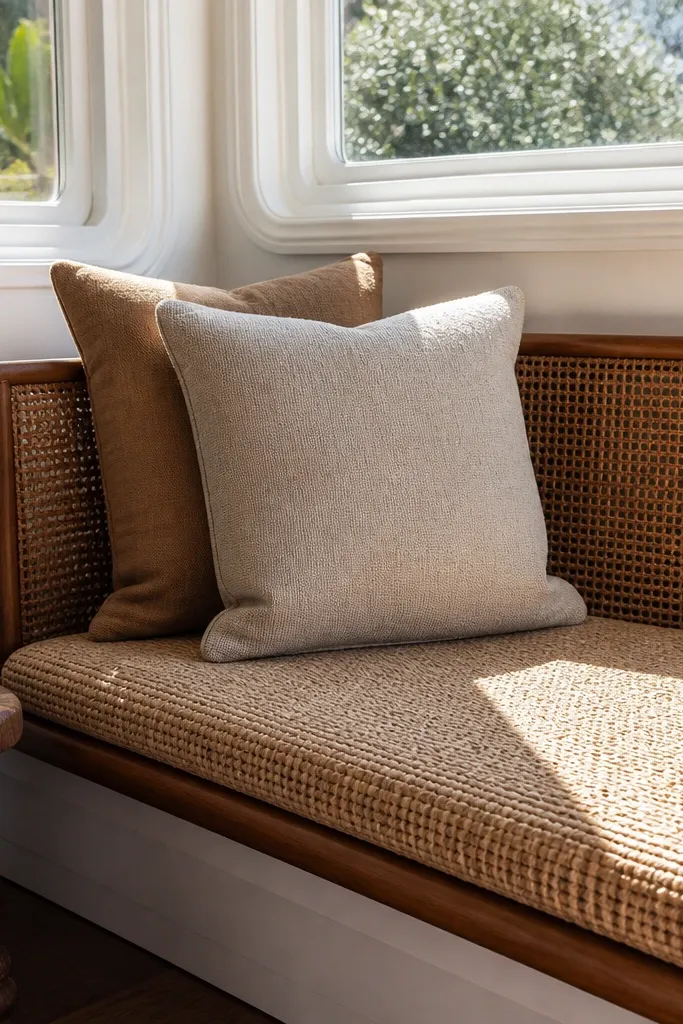 Bay window seat with rattan back detail and a woven seat cover in natural tan