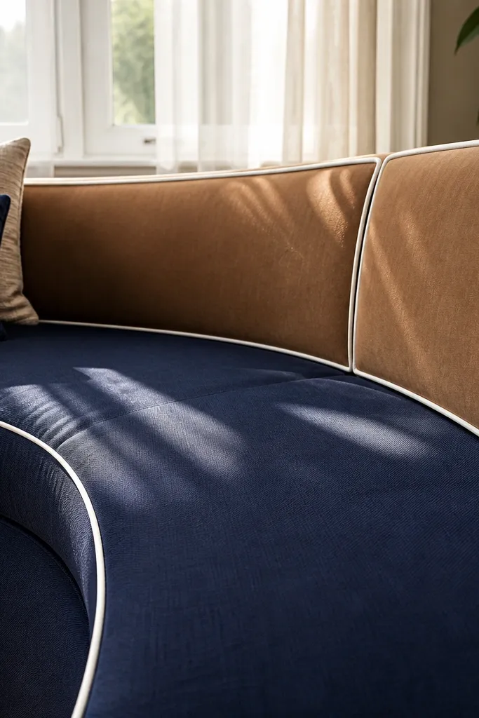 Bay window seat in two fabrics with contrast piping along the cushion edges