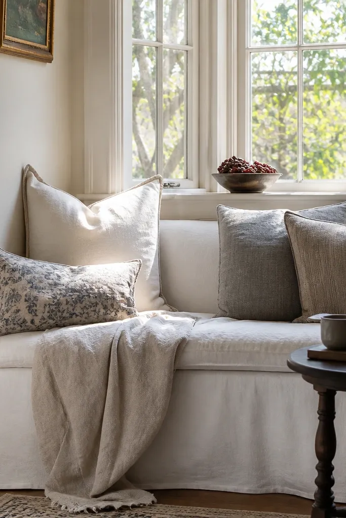 Bay window seat with a white slipcovered bench and an oversized linen throw draped over cushions