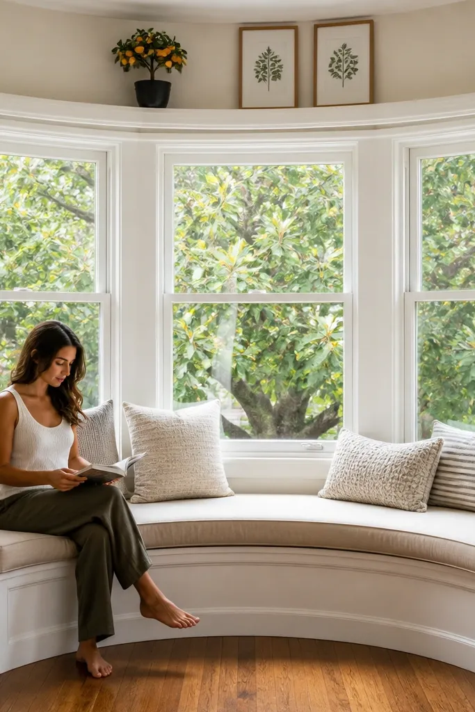 Bay window seat with a narrow shelf above holding small seasonal decor and candle holders
