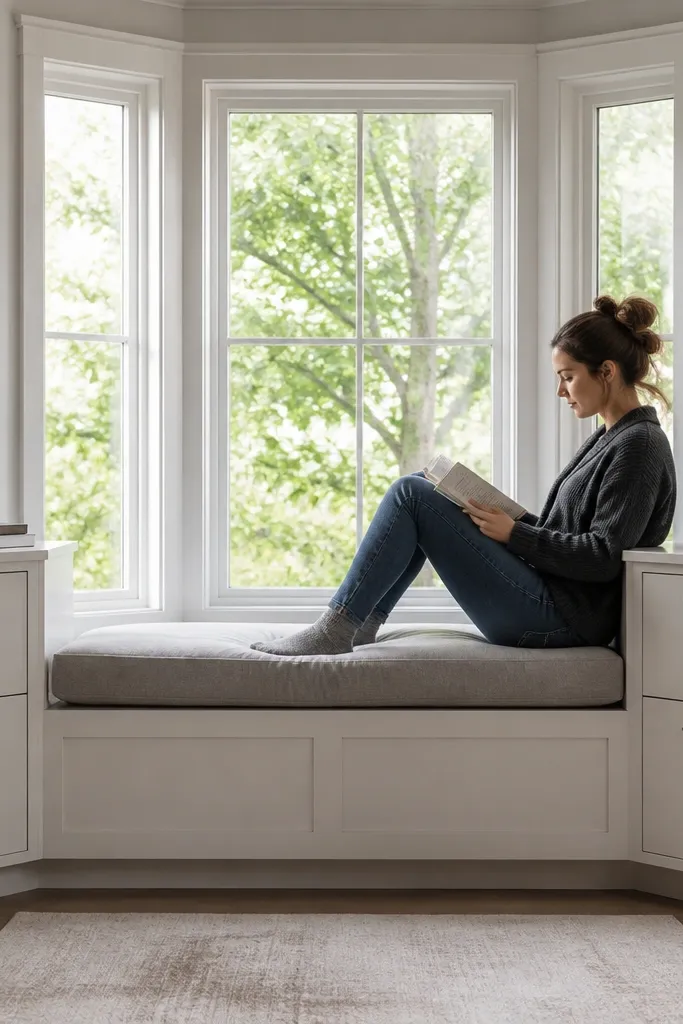 Bay window seat with matching side cabinets and a low toe-kick shadow line