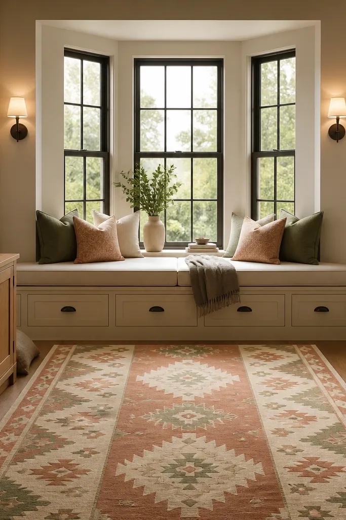 Bay window seat with neutral cushions and a patterned runner extending across the bay