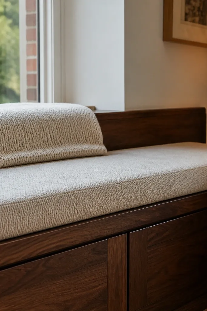 Dark stained wooden bay bench with a light knit cushion and textured throw pillows