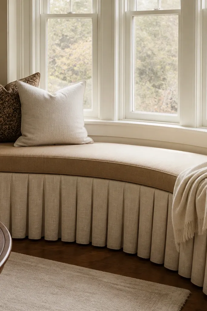 Bay window seat with a pleated fabric skirt and cushions under a clean magnetic edge