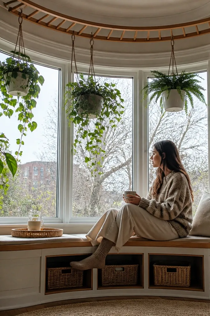 Bay window seat with a slim floating ladder shelf and small hanging planters along the curve