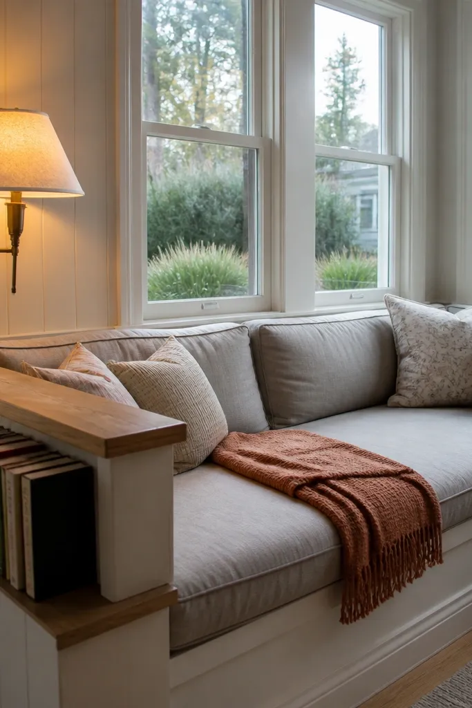 Bay window seat with a book ledge and a warm wall lamp casting light over cushions