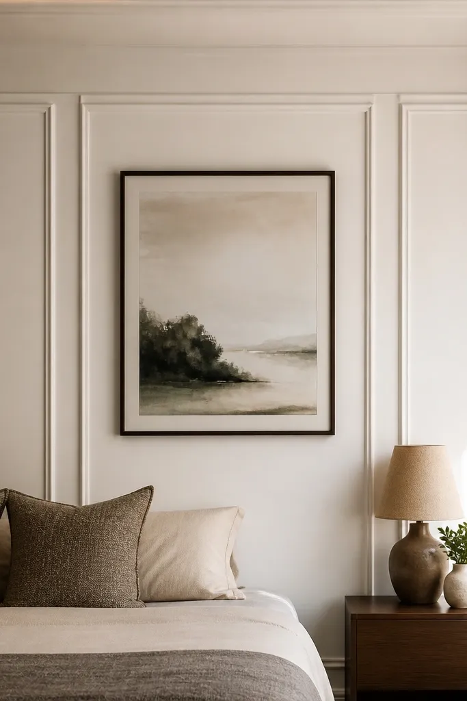 Soft white tall framed wall panels with slim moulding lines