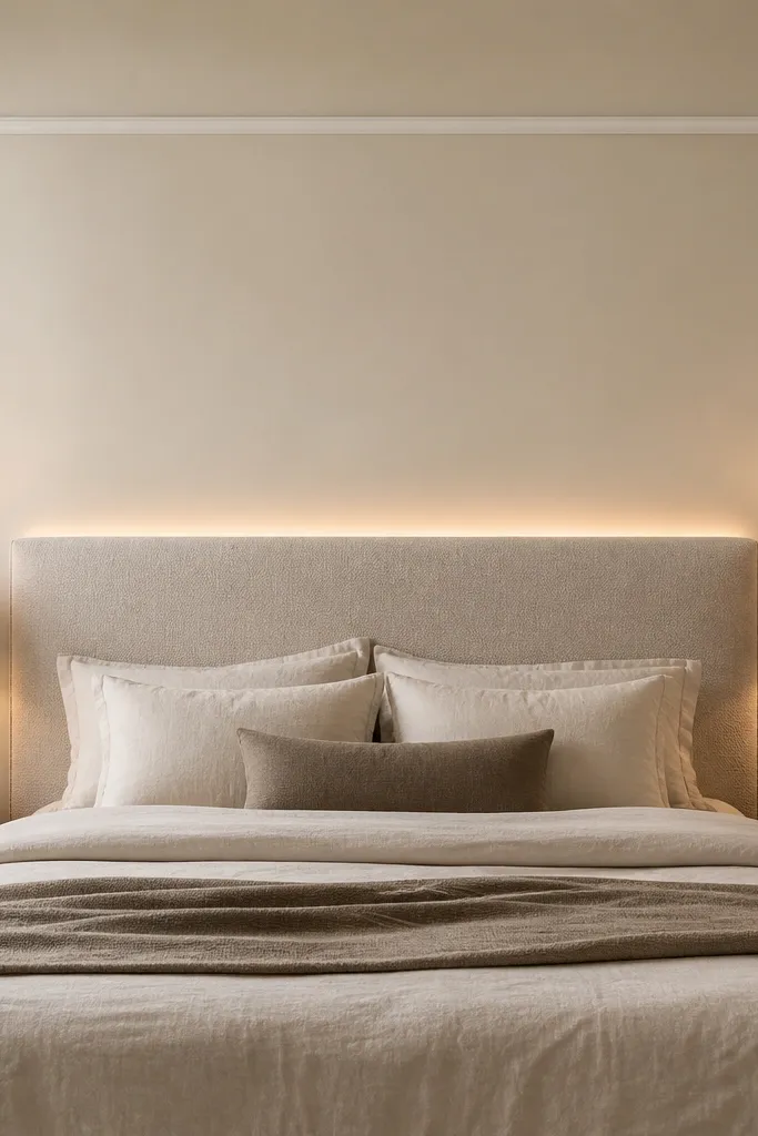 Slim border moulding rectangle framing a bed headboard wall