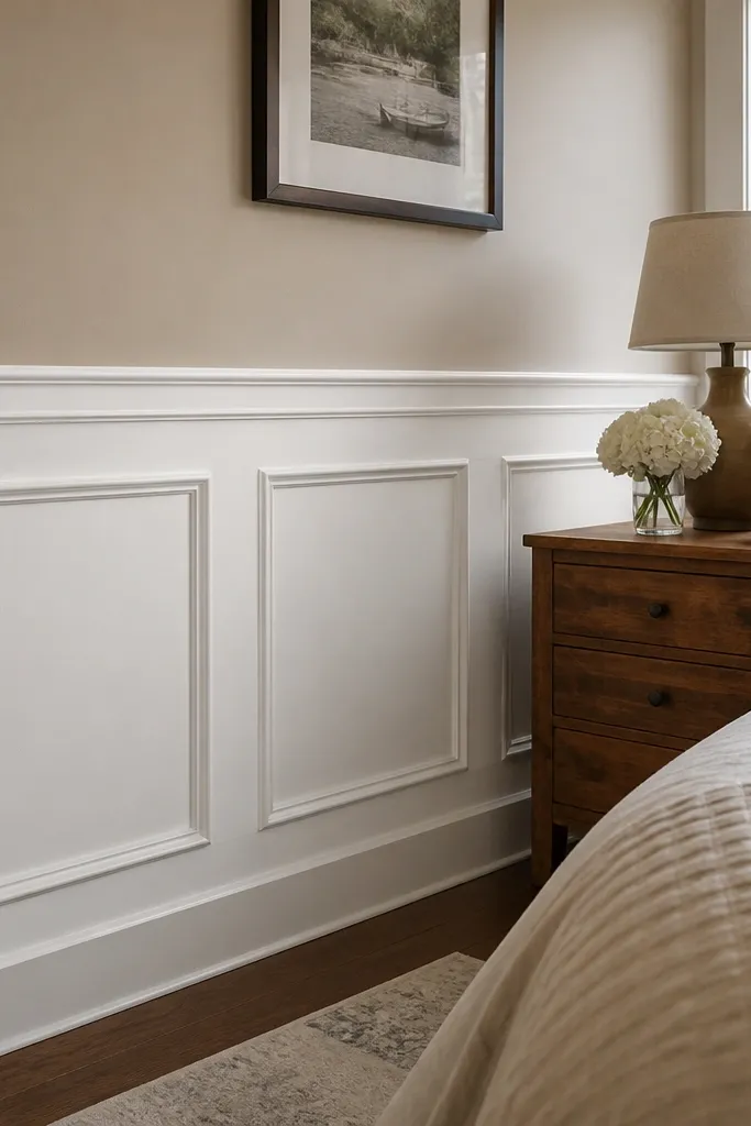 Bedroom wall with wainscoting panels and a clean top rail