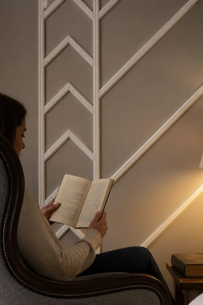 Small herringbone moulding stripe running vertically on a bedroom wall