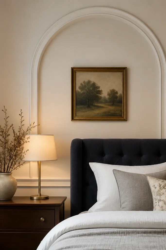 Two arched framed panels on a bedroom wall in white trim