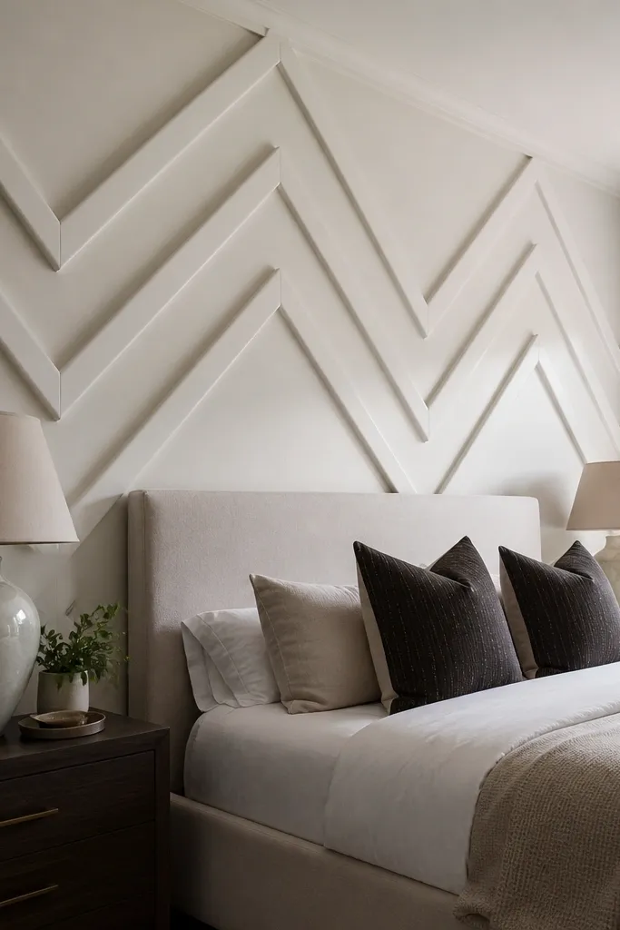 Large chevron-shaped framed moulding detail above nightstands