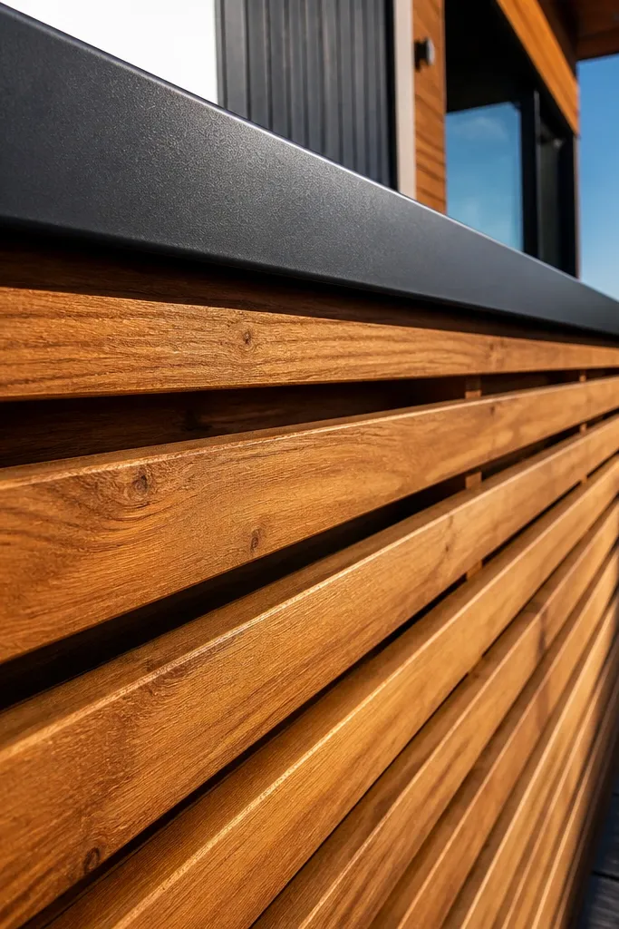 Warm cedar vertical slats with a black top rail