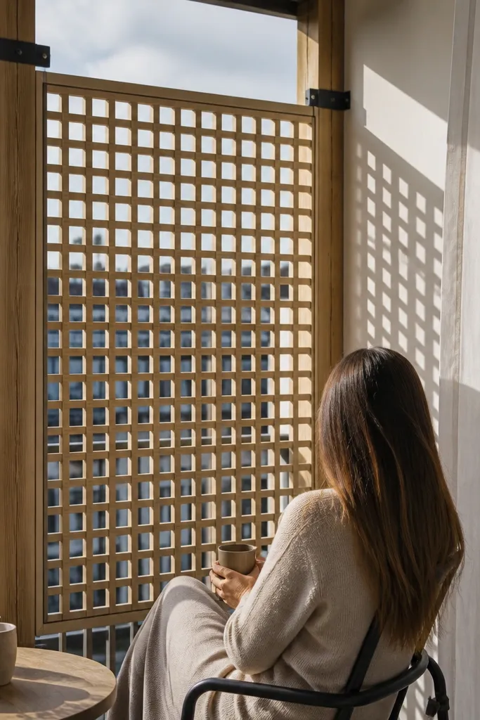 White lattice panel attached to balcony railing posts