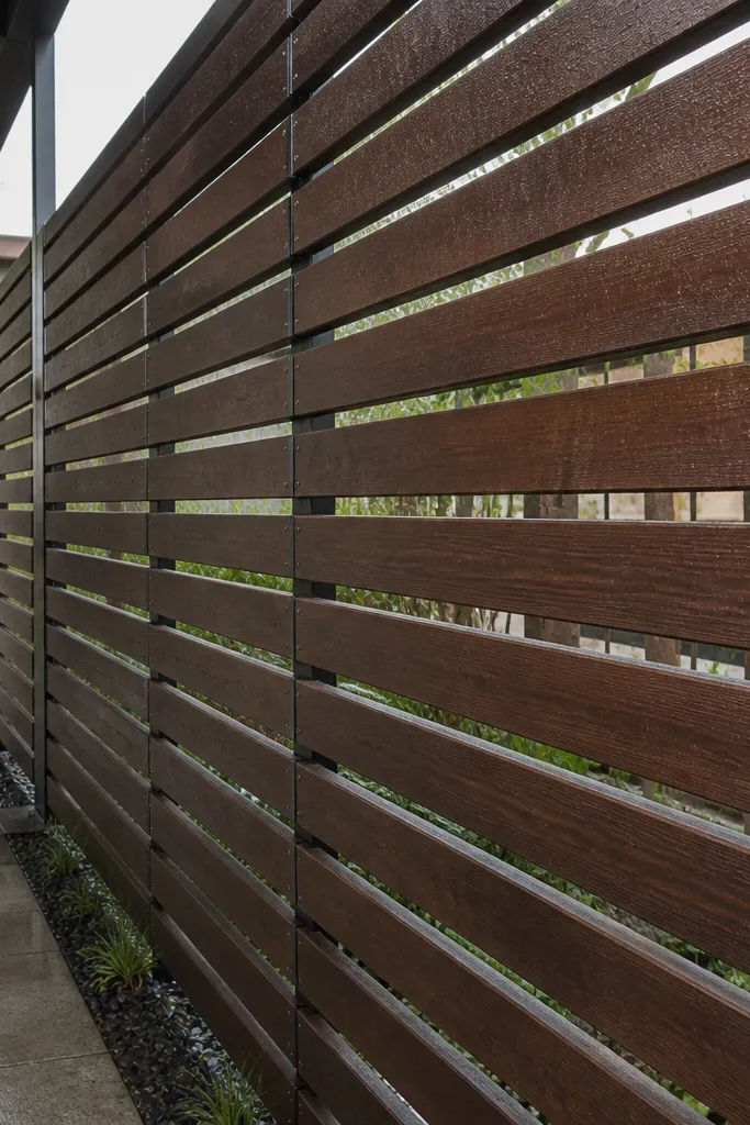 Horizontal wood slats across a balcony railing with even spacing