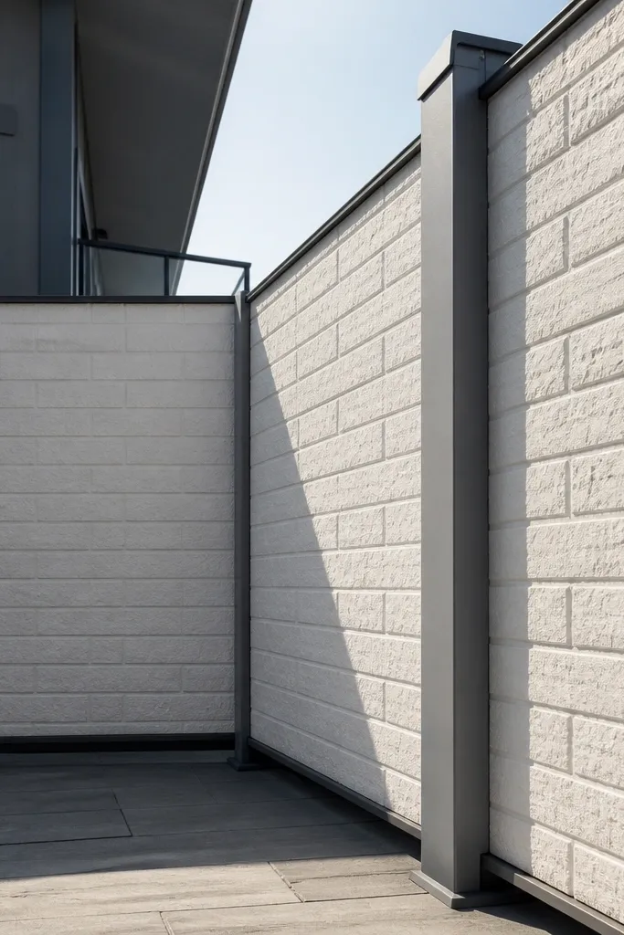 Textured white brick-pattern panels on a balcony railing