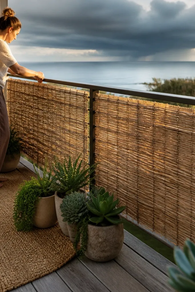 Tan woven reed panels attached to a balcony railing