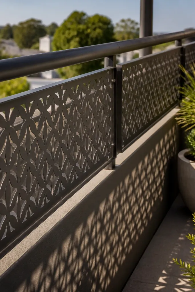 Black stamped metal privacy screen panels on a balcony