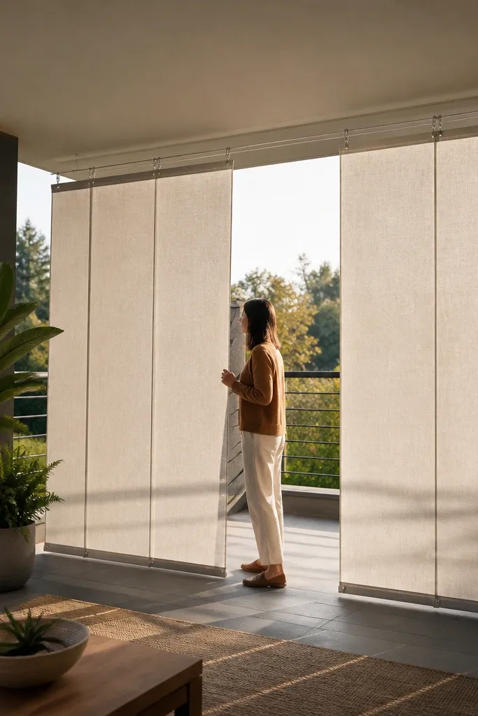 Black cable with outdoor privacy curtains hanging from a balcony railing