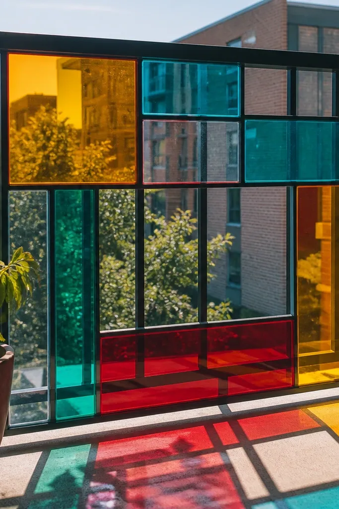 Colorful stained-glass style film on balcony railing panels