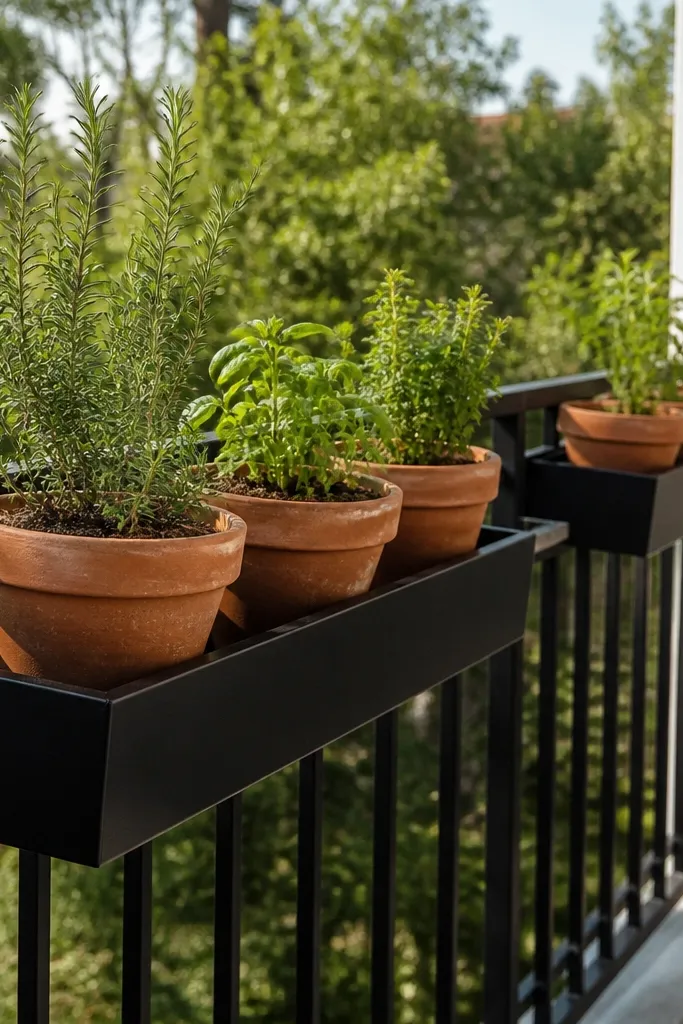 Black railing with built-in planters and terracotta pots