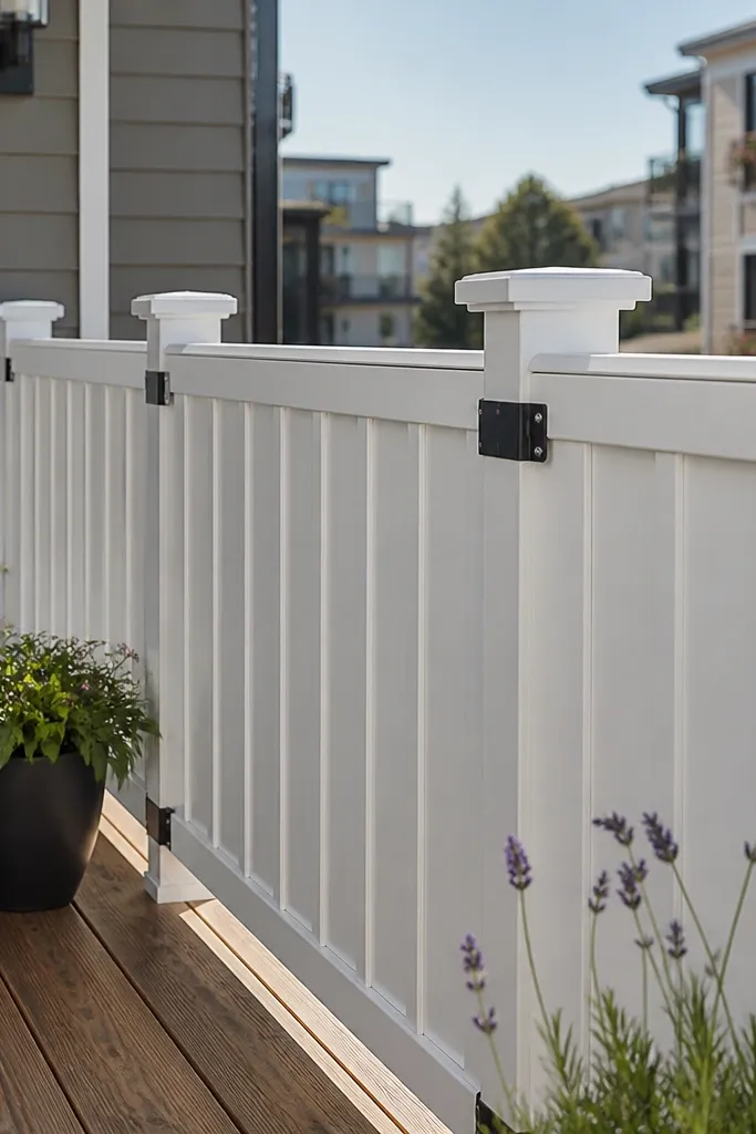 White board-and-batten railing panels with black screws