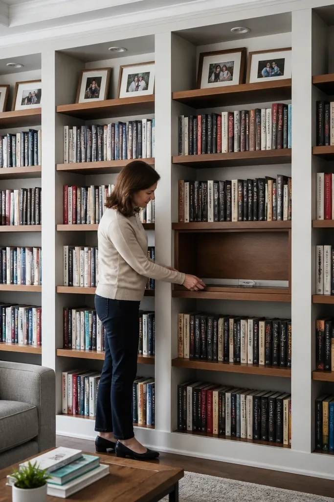 Built-in tall shelves with books, a small hidden panel for cords, and warm wood finish