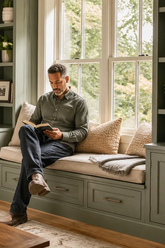 Built-in shelves beside a window with a small toe-kick drawer under the bench