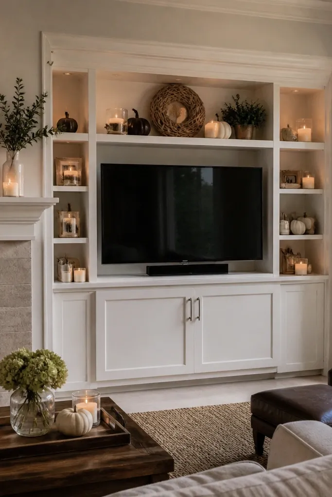 Built-in mantel-height shelves above closed media cabinets with a clean TV wall look