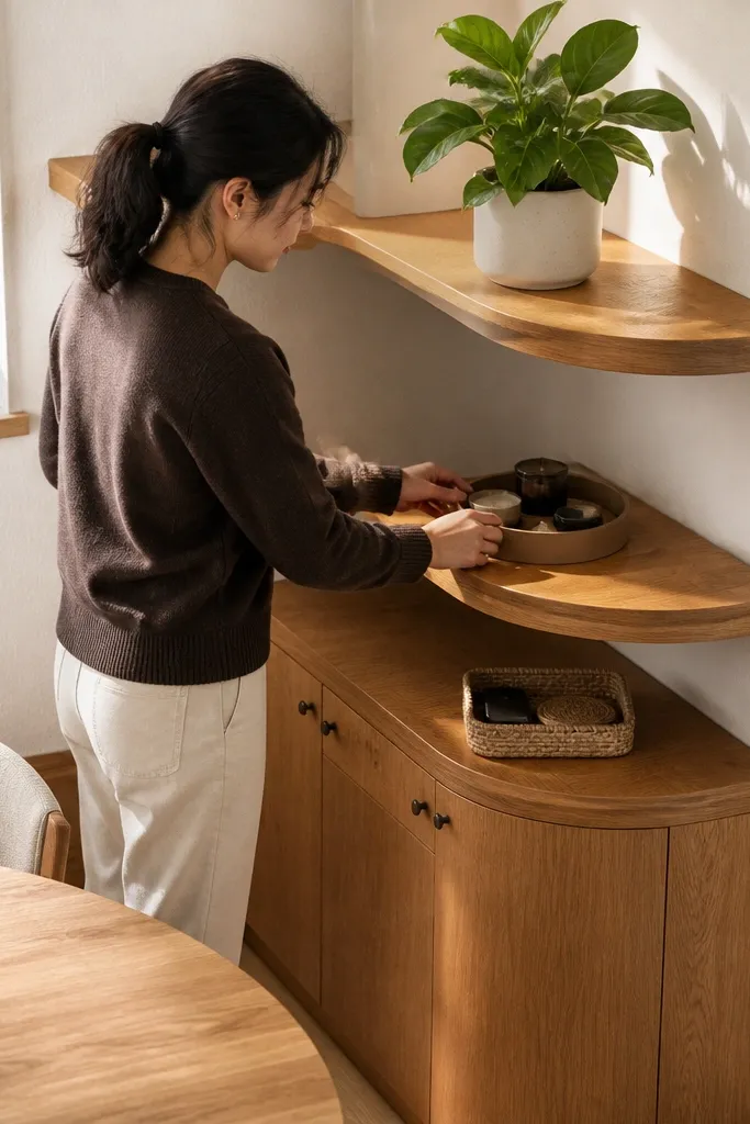 Corner built-in shelves wrapping the wall with rounded shelf ends and warm wood finish