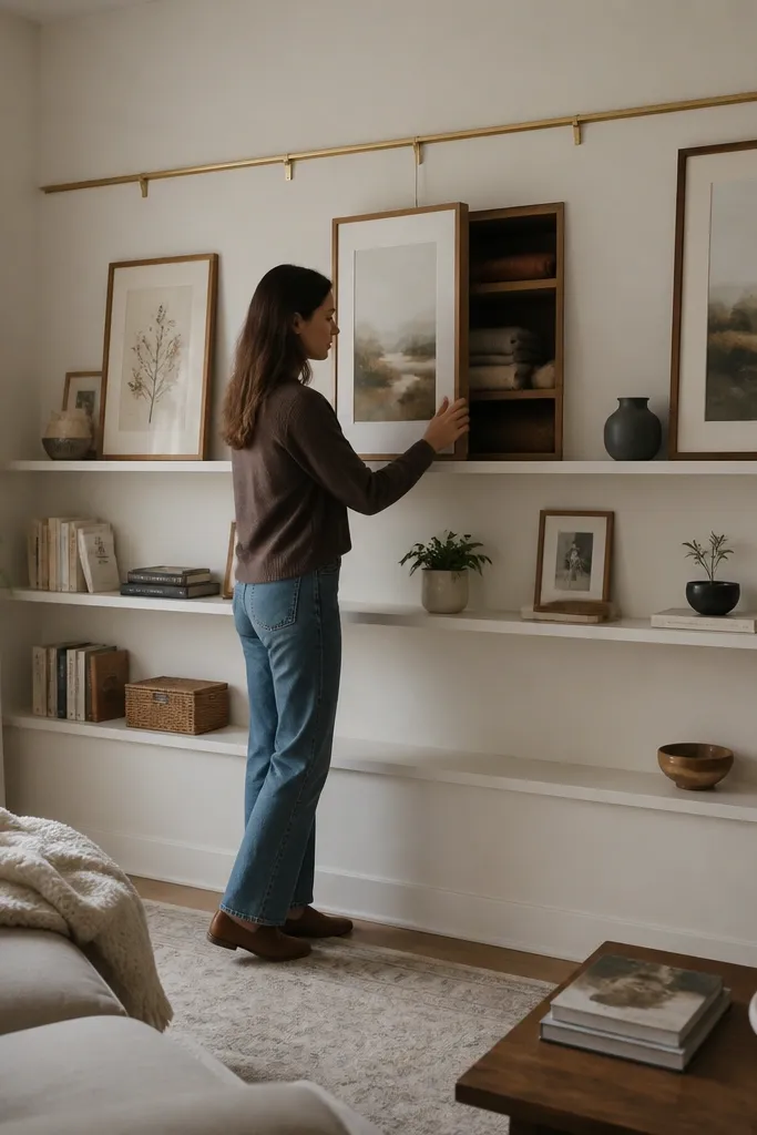 Long picture-rail style shelf run with slim open shelves and a panel behind art
