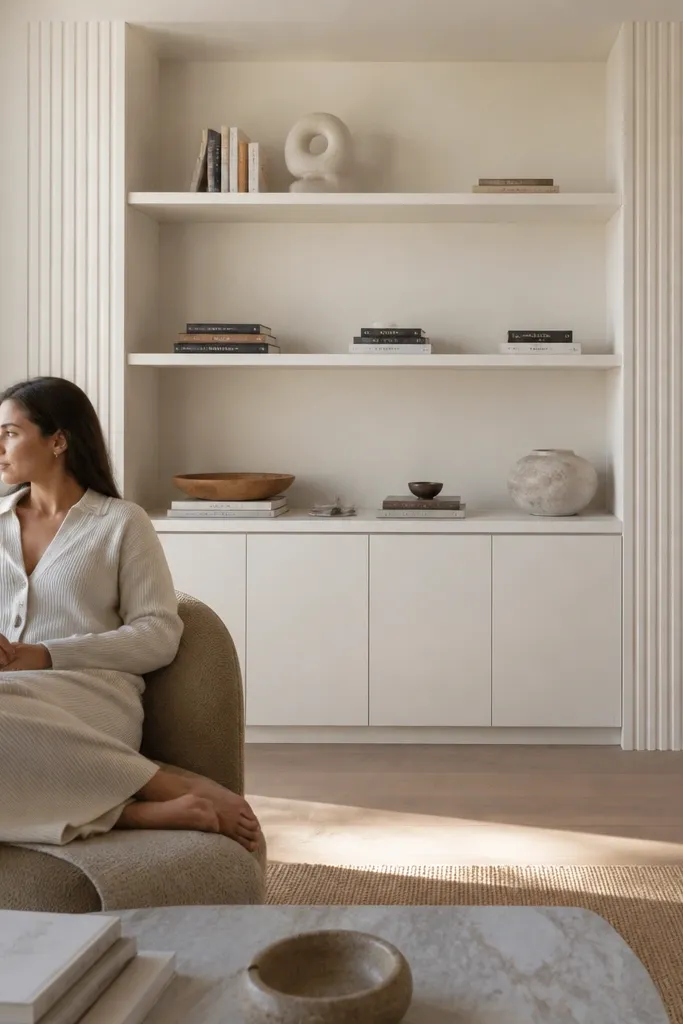 Built-in shelves inside an alcove with fluted vertical side panels and warm lighting
