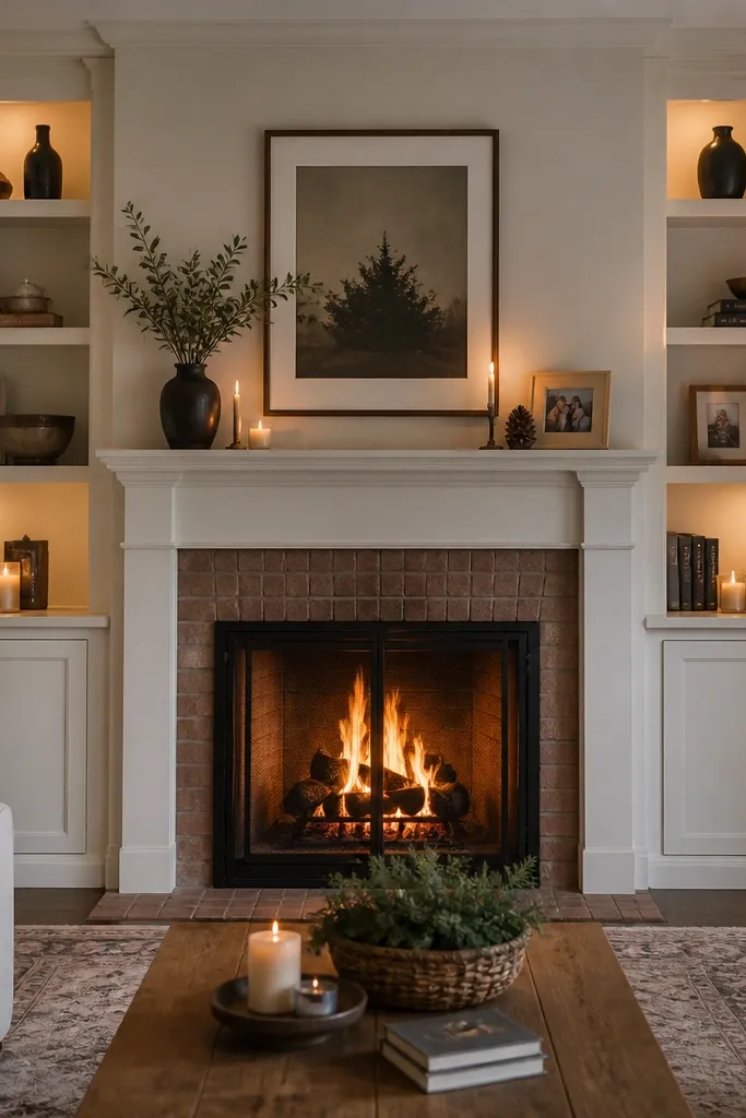 Built-in shelves flanking a fireplace with cabinet doors on both sides
