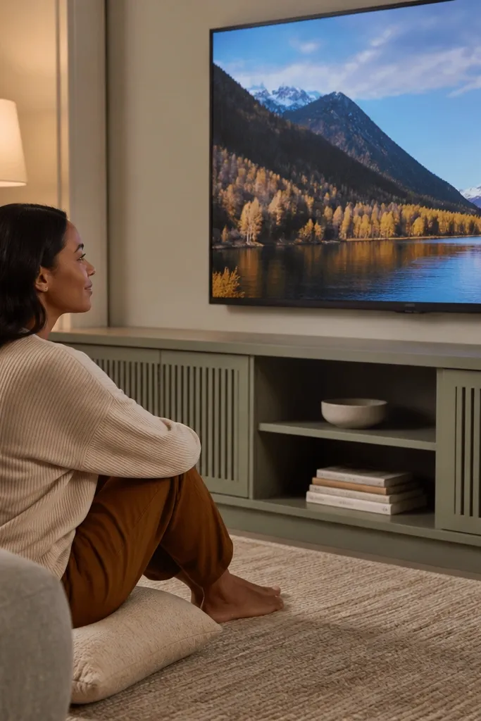 TV console with slatted doors on drawers and open cubbies for decor