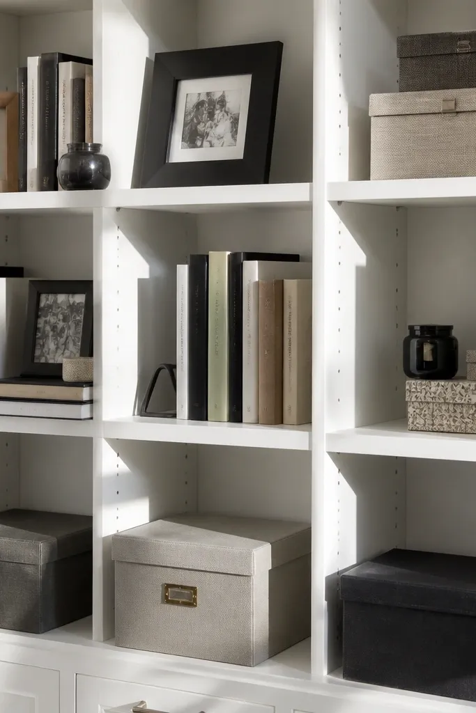 Built-in grid shelves with adjustable dividers and small decor sections